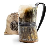 Norse Tradesman Taza de Cuerno para Beber Vikingo Genuino - Jarra de Cerveza Vikinga Premium de 500 ml con Fondo de Madera Súper Reforzada y Grabados de Anillos | The Eternal, Sin Pulir, Grande