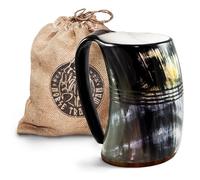 Norse Tradesman Taza de Cuerno para Beber Vikingo Genuino - Jarra de Cerveza Vikinga Premium de 900 ml con Fondo de Madera Súper Reforzada y Grabados de Anillos | The Eternal, Pulido, Extragrande