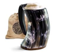 Norse Tradesman Taza de cuerno para beber vikingo original - Jarra de cerveza vikinga premium de 900 ml con fondo de madera dura súper reforzada | The Original, Pulido, Extragrande