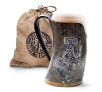 Norse Tradesman Taza de Cuerno Vikingo Genuino para Beber - 500 ml Jarra de Cerveza Vikinga Premium con fondo de Madera dura Superreforzada y Grabado de Martillo de Thor | The Mjolnir, Unpolished, L