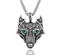 Norse Viking Wolf Collar DE Lobo for Hombres, Cabeza DE Lobo DE Lobo DE Ojos Verde, Cadena, Collar de tótem de Lobo Vintage, Collar de Amuleto de Vintage Lobo