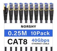 NORSHY Cat 8 Cable Ethernet, 0.25m(10 Piezas) Cable de Red Alta Velocidad 40Gbps 2000MHz S/FTP Trenzado Plano Cable Lan Conector RJ45 Cable Internet para PS5/PS4, Xbox,TV,Box, Router, PC, Módem