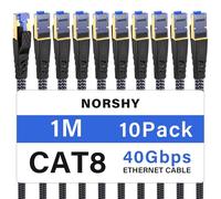 NORSHY Cat 8 Cable Ethernet, 1m(10 Piezas) Cable de Red Alta Velocidad 40Gbps 2000MHz S/FTP Trenzado Plano Cable Lan Conector RJ45 Cable Internet para PS5/PS4, Xbox,TV,Box, Router, PC, Módem