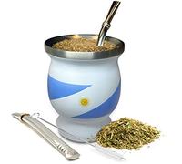 Norte Yerba Mate - Juego de tazas de acero inoxidable con aislamiento azul y blanco de 8 onzas con 2 bombillas y cepillo de limpieza, kit tradicional de yerba mate para bebedores de té, viajes y uso