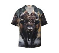 North American Bison - Camisa de manga corta con botones para hombre, cuello cubano, casual, playa, vacaciones, Negro, 3X-Large-5X-Large