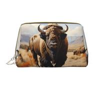 North American Bison Herd - Bolsa de cosméticos de piel impermeable con cremallera para viaje, bolsa de almacenamiento de cosméticos para mujer, color marrón, White, Talla única