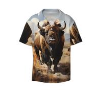 North American Bison Herd - Camisa de manga corta con botones para hombre, cuello cubano, informal, para vacaciones en la playa, Negro, Large-5X-Large