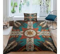 North American Sioux Patterns Juego De Cama, 3D Impresión, Funda De Edredón, Y Fundas De Almohada 3 Unidades Microfibra para Niños Y Adultos Single(135x200cm)