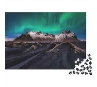 Northern Lights Mountain Premium 1000 Piezas Rompecabezas Adultos Luces del Norte Verdes sobre Picos de Arena Negra Robusto Vibrante Desafiante Difícil Alivio Estrés 70x50cm/1000pcs