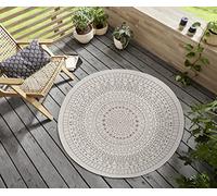 Northrugs Porto - Alfombra Redonda para Interior y Exterior, Redonda, Reversible, Impermeable, diseño de Mandala, Tejido Plano, Resistente a la Intemperie, para balcón, terraza, jardín, salón en Lino