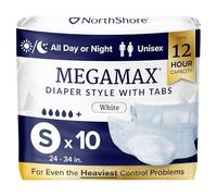 Northshore MegaMax HBL - Pañales para adultos de 12 horas para fugas pesadas de vejiga, talla S, 10 unidades, blanco, 24-34 pulgadas, ropa interior de incontinencia estilo pestaña para hombres
