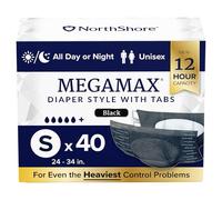 NorthShore MegaMax HBL - Pañales para adultos de 12 horas para fugas pesadas de vejiga, talla S, 40 unidades, negro, 24-34 pulgadas, ropa interior de incontinencia estilo pestaña para hombres, mujeres