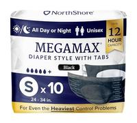 NorthShore MegaMax - Pañales nocturnos para adultos, estilo tabulación de 12 horas, pequeño, bolsa de 10 unidades, negro, 24-34 pulgadas, ropa interior unisex para incontinencia