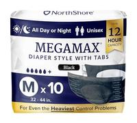NorthShore MegaMax - Pañales nocturnos para adultos, estilo tabulación de 12 horas, tamaño mediano, bolsa de 10 unidades, negro, 32-44 pulgadas, ropa interior unisex para incontinencia