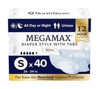 NorthShore MegaMax - Pañales para adultos HBL de 12 horas para pérdida de vejiga pesada, talla S, 40 unidades, blanco, 61-86 cm, ropa interior para incontinencia con pestañas para hombres, mujeres y