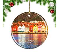 Noruega Bryggen Muelle Hanseático Bergen Adorno Adorno Navidad Colgantes con Agujero Recuerdo Decoración para Fiesta Amigos Casa 7.3Cm