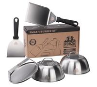 Norzn Brothers Smash Burger Kit, Prensa, 2 Espátulas, 2 Cúpulas con Cristal | 5 Piezas, Aplastador de 15 cm, Paleta Grande y Auxiliar, 2 Campanas con Visor Transparente, en Acero 304, Garantía 10 Años
