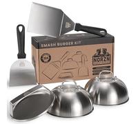 Norzn Brothers Smash Burger Kit, Prensa, 2 Espátulas y 2 Campanas Barbacoa | 5 Piezas, Aplastador Hamburguesa, 2 Espátulas Plancha, 2 Cúpulas para Fundir Queso, Acero Inoxidable 304, Garantía 10 Años