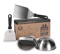 Norzn Brothers Smash Burger Kit, Prensa, 2 Espátulas y Campana Barbacoa | 4 Piezas, Aplastador Hamburguesa, Paleta Grande, Auxiliar, Cúpula para Fundir Queso, Acero 304, para Regalo, Garantía 10 Años