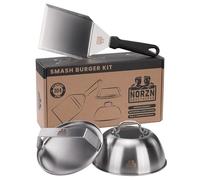 Norzn Brothers Smash Burger Kit, Prensa, Espátula y Cúpula con Cristal | 3 Piezas, Aplastador de 15 cm, Paleta de Cocina y Campana con Visor para Seguir la Cocción, en Acero 304, Garantía 10 Años