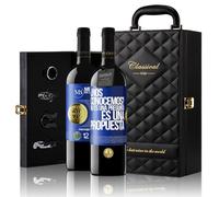 «¿Nos conocemos? No es una pregunta es una propuesta» Mensaje en una Botella. Estuche-Maletín de LUJO 2x Vino Tinto Premium Reserva 12 Meses y Set de 4 Accesorios. Etiqueta Azul PERSONALIZABLE