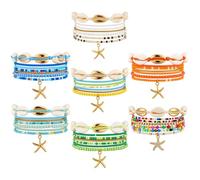 Nosiny Juego de 7 pulseras de playa para niñas, regalo de fin de semana con tarjetas para mujer, apilables, conchas marinas, estrellas de mar, pulseras surfistas, regalo bohemio junto al mar para