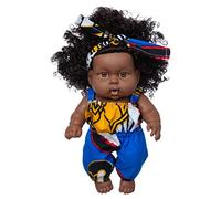Nosqew Black Baby Doll. 20cm 8in African Girl Doll with Dress. Realistic Reborn Black African Girl Lifelike Baby Play with Big Shiny Eyes Thick Hair Sweet Cheeks 8 (B)