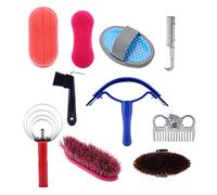 Nosqew Kit de aseo de caballos, 10 piezas, duradero, ligero, portátil, juego de herramientas de limpieza de caballos para entusiastas del cuidado ecuestre, mango de madera y cepillos de silicona