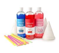 Nostalgia SCK3 - Kit de fiesta compuesto por conos de papel, 20 pajitas con cuchara y sirope de sabores para granizado (cereza, algodón de azúcar y frambuesa azul)