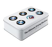 Nostalgic-Art Caja de almacenamiento plana retro, 2,5 l, Official License Product (OLP), BMW - Logo Evolution - Idea de regalo para fans de BMW, lata metálica con tapa, diseño vintage