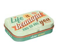 Nostalgic-Art Caja de mentas retro, 4 x 6 x 1,6 cm, Life is beautiful - Idea de regalo con frase, con pastillas de menta, diseño vintage