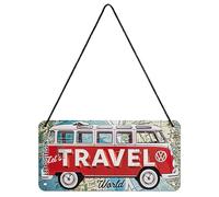 Nostalgic-Art, Cartel colgante retro, VW Bulli T1 -Travel The World - Idea de regalo de furgoneta Volkswagen, metálico, Diseño vintage, 10 x 20 cm