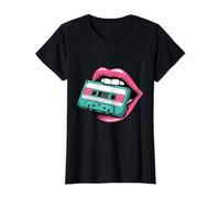 Nostálgico 80s y 90s Vibes: Labios Vibrantes, Camiseta de Cinta de Casete Camiseta gráfica económica, Mujer, Negro, XL