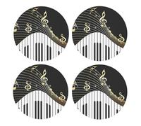 Nota Musical del Teclado del Piano,Posavasos Redondos de Corcho MDF, Almohadilla para Tazas, Juego de 4 Posavasos para Bebidas
