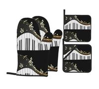 Notas Musicales Negras,Juego de 4 Manoplas y agarraderas para Horno, Antideslizantes, Resistentes al Calor.