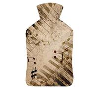 Notas musicales sobre hoja de papel antigua, botella de agua de goma con cubierta de felpa suave, bolsa de agua caliente para invierno, manos y pies, protección contra el frío, 1000 ml