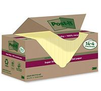 Notas Post-it Super Sticky 100% recicladas, Canary Yellow, 76 mm x 76 mm, 70 hojas/bloc, 14 blocs/paquete + 4 GRATIS