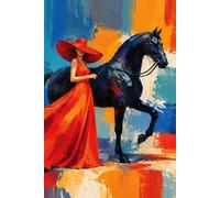 NOTEBOOK: Elegant Woman in Red with Black Horse - Bold Abstract Fashion Art - 6x9 Inches, 200 Pages: woman red dress horse art