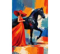 NOTEBOOK: Elegant Woman in Red with Black Horse - Bold Abstract Fashion Art - 6x9 Inches, 200 Pages: woman red dress horse art