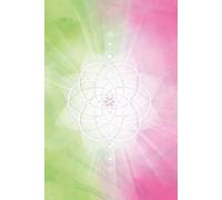 Notebook green pink sacred geometry cover: 120 blank pages with sparkle design on the corners of each page. Seed of Life design on cover.