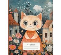 Notebook Whiskers Of Whimsy: This delightful notebook features an adorable cat with expressive, wide eyes, dressed in a charming orange gown amidst a whimsical garden and quaint village.