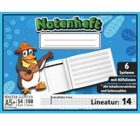 Notenheft mit Hilfslinien Lineatur 14 Größe A5+ Querformat für Kinder: 6 Notensysteme pro Seite (9 mm Rastralhöhe) | 21 x 15,24 cm - 54 Blatt (108 ... für Komponisten, Schüler & Musikunterricht