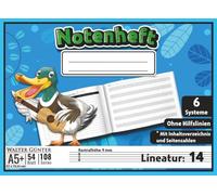 Notenheft Ohne Hilfslinien Lineatur 14 Größe A5+ Querformat für Kinder: 6 Notensysteme pro Seite (9 mm Rastralhöhe) | 21 x 15,24 cm - 54 Blatt (108 ... für Komponisten, Schüler & Musikunterricht