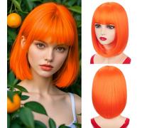 NOTICEME Peluca de 14 pulgadas con flequillo, color naranja brillante, pelucas sintéticas resistentes al calor para mujeres con correas ajustables y gorra de peluca para fiestas, cosplay, uso diario