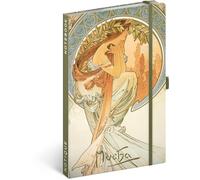 NOTIQUE Cuaderno con rayas con banda elástica 13x21cm aprox. A5, cuaderno de tapa dura de diseño, bloc de notas, libreta, diario, agenda para adultos, damas (Alphonse Mucha Poesía)