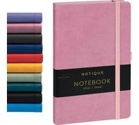 NOTIQUE Cuaderno de rayas, tapa dura, cuaderno de notas, diario, diario con banda elástica y soporte para bolígrafo, 13 x 21 cm, 192 páginas (rosa, a rayas)