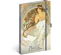 NOTIQUE Cuaderno rayado con banda elástica, 13 x 21 cm aprox. A5, cuaderno de tapa dura, bloc de notas, cuaderno de notas, diario para adultos, mujer (música Alphonse Mucha)