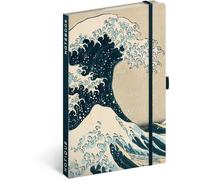 NOTIQUE Cuaderno rayas con banda elástica 13x21cm aprox. A5, cuaderno de tapa dura de diseño, bloc de notas, libreta, diario, agenda para adultos, damas (Katsushika Hokusai)