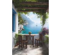 Notizbuch 80 Seiten liniert - Mediterrane Terrasse mit Meerblick, Segelboot und Blütenpracht. Inspiration für Urlaubserinnerungen.: Liniertes Journal ... Gedanken rund um Sonne, Meer und Entspannung.