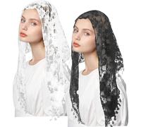 Notoke 2 velos triangulares, 140 x 48 cm, encaje de algodón, para bodas, novias, catedrales de mantilla, en blanco y negro
